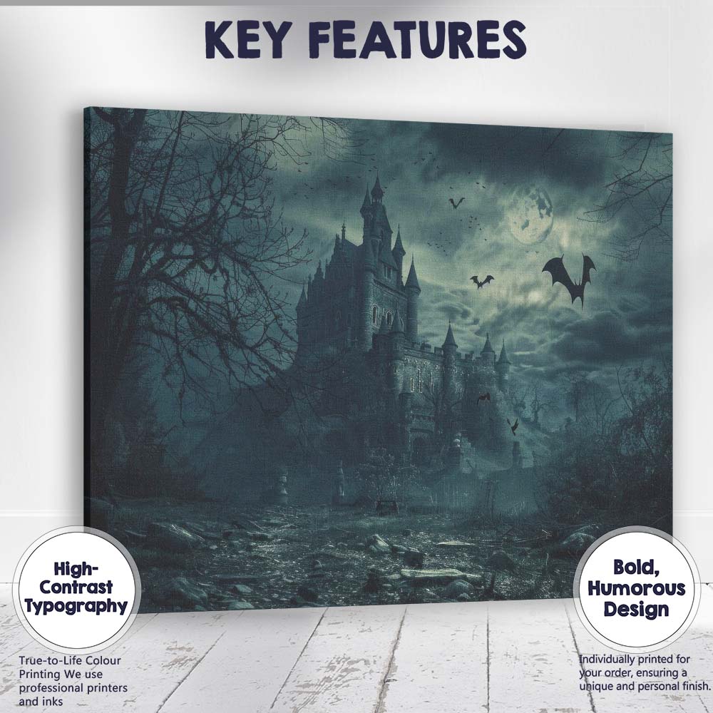 Victorian Gothic Castle Bats Full Moon Haunted Night Scene Canvas Wall Art Print Decor Picture Ready to Hang