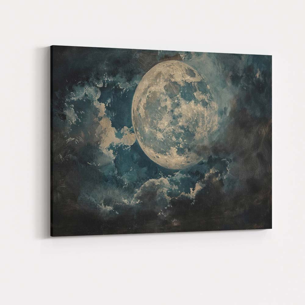 Dreamy Full Moon Night Sky Textured Atmospheric Abstract Painting Canvas Wall Art Print Decor Picture Ready to Hang