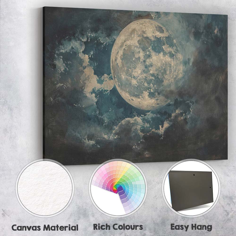 Dreamy Full Moon Night Sky Textured Atmospheric Abstract Painting Canvas Wall Art Print Decor Picture Ready to Hang