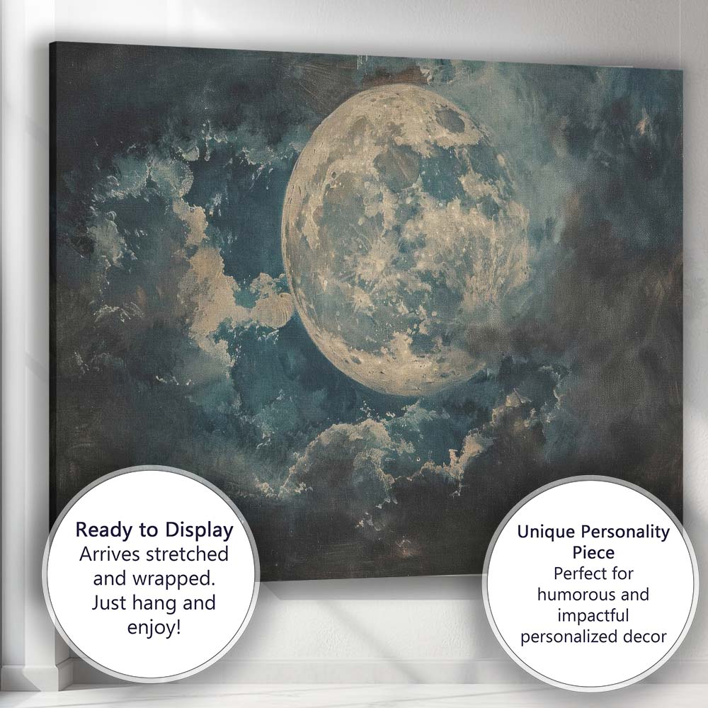 Dreamy Full Moon Night Sky Textured Atmospheric Abstract Painting Canvas Wall Art Print Decor Picture Ready to Hang
