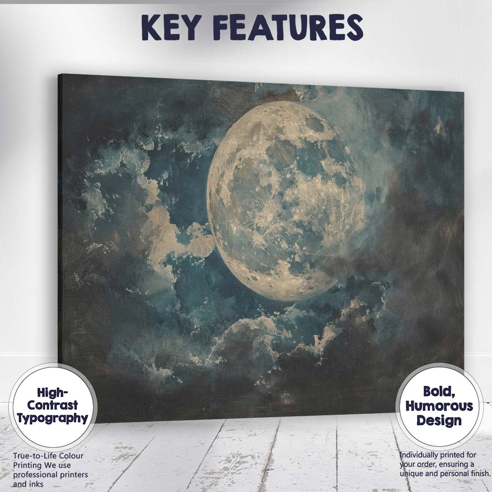 Dreamy Full Moon Night Sky Textured Atmospheric Abstract Painting Canvas Wall Art Print Decor Picture Ready to Hang