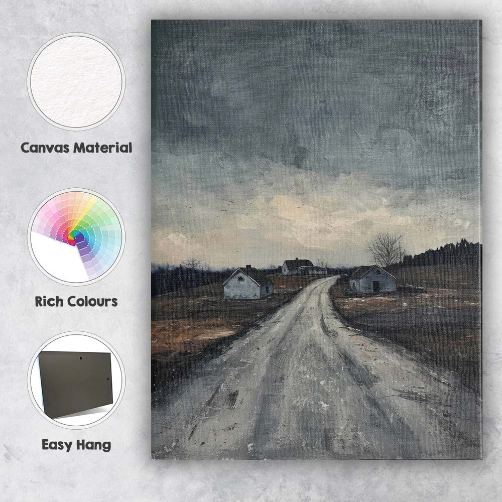 Desolate Country Road Rural Landscape Moody Monochrome Painting Canvas Wall Art Print Decor Picture Ready to Hang