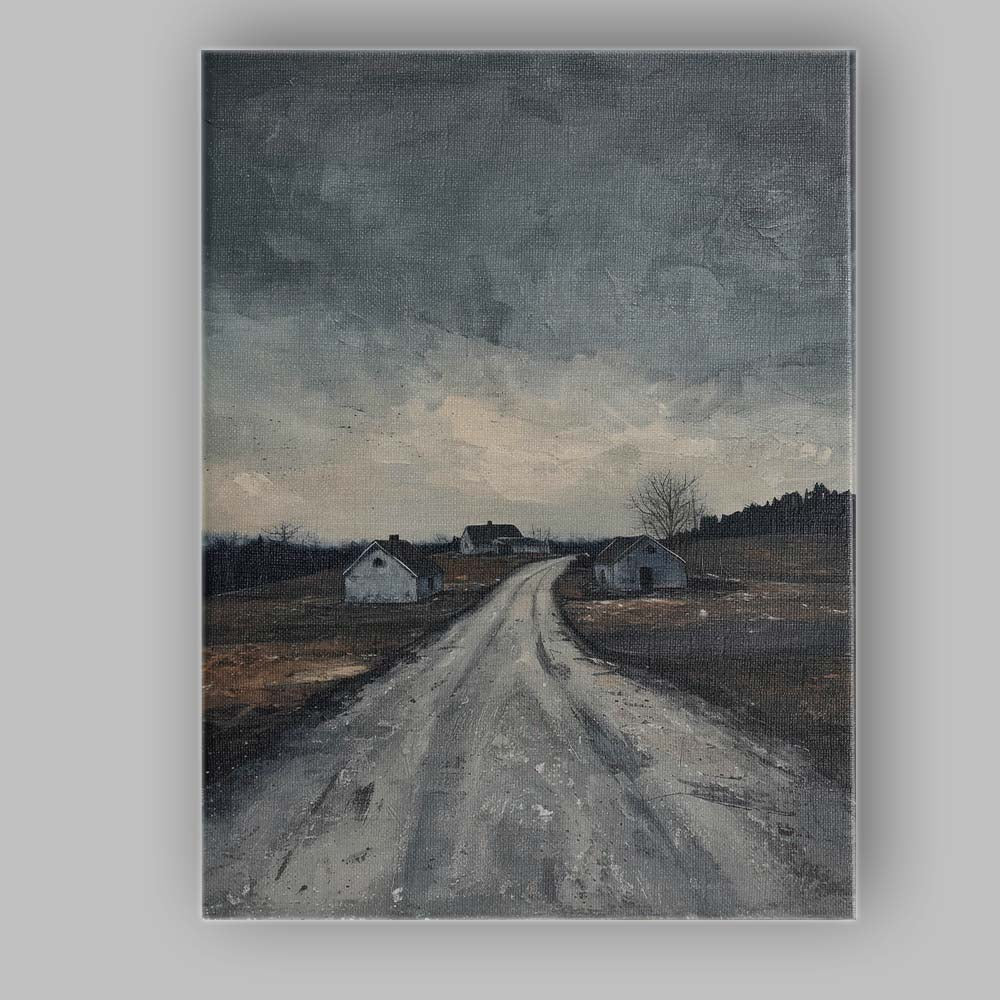 Desolate Country Road Rural Landscape Moody Monochrome Painting Canvas Wall Art Print Decor Picture Ready to Hang