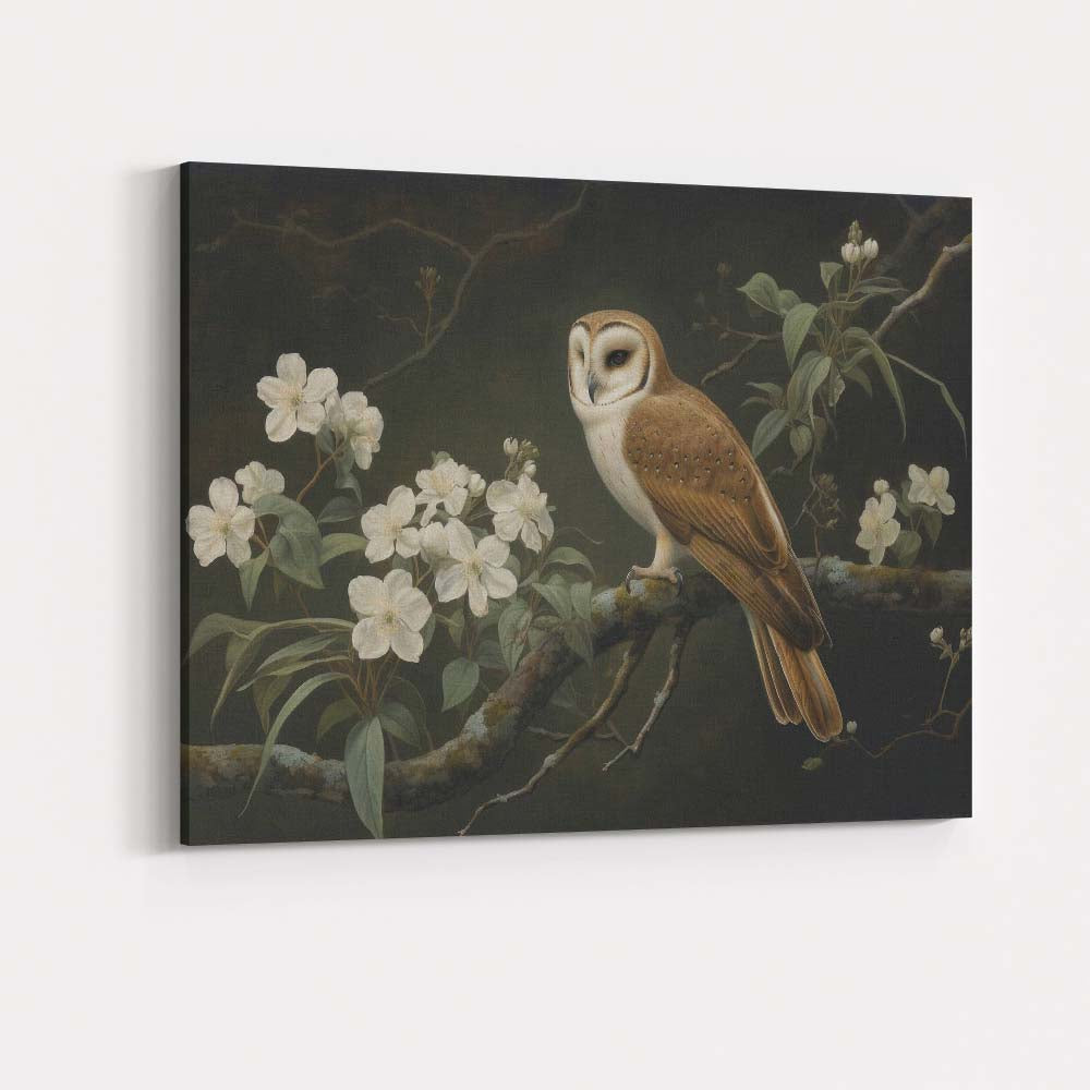 Barn Owl White Blossom Botanical Nature Painting Canvas Wall Art Print Decor Picture Ready to Hang