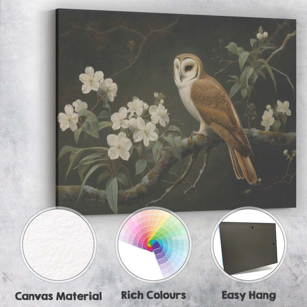 Barn Owl White Blossom Botanical Nature Painting Canvas Wall Art Print Decor Picture Ready to Hang