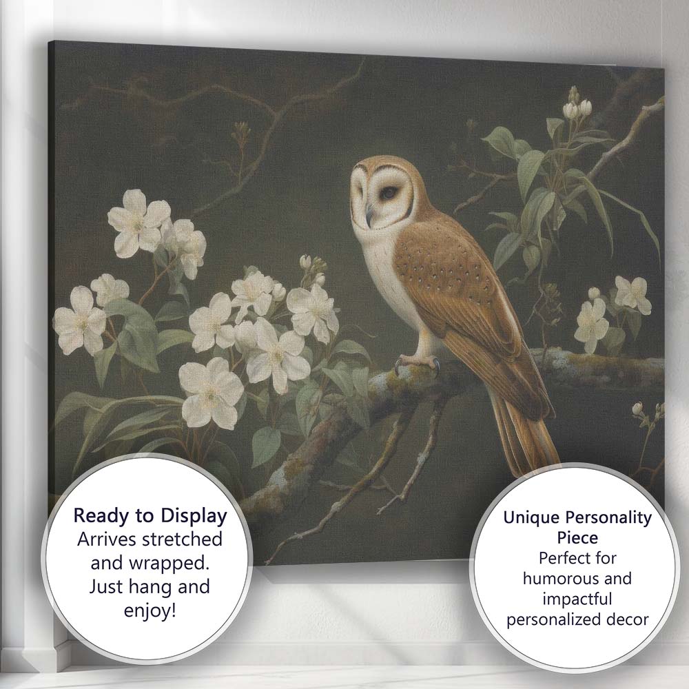 Barn Owl White Blossom Botanical Nature Painting Canvas Wall Art Print Decor Picture Ready to Hang