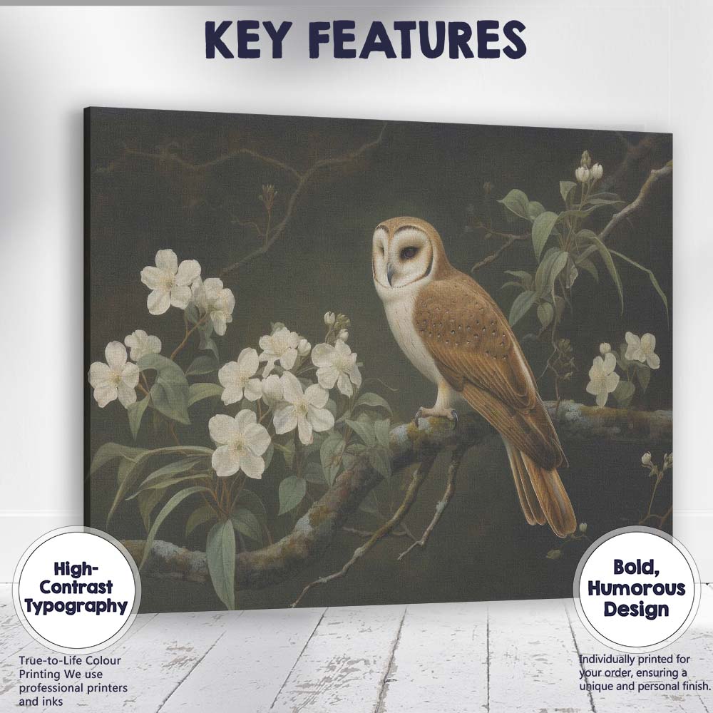 Barn Owl White Blossom Botanical Nature Painting Canvas Wall Art Print Decor Picture Ready to Hang