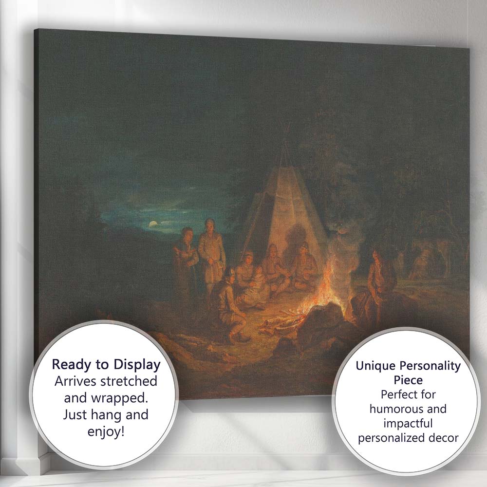 Moonlit Woodland Campfire Historical Gathering Night Scene Canvas Wall Art Print Decor Picture Ready to Hang