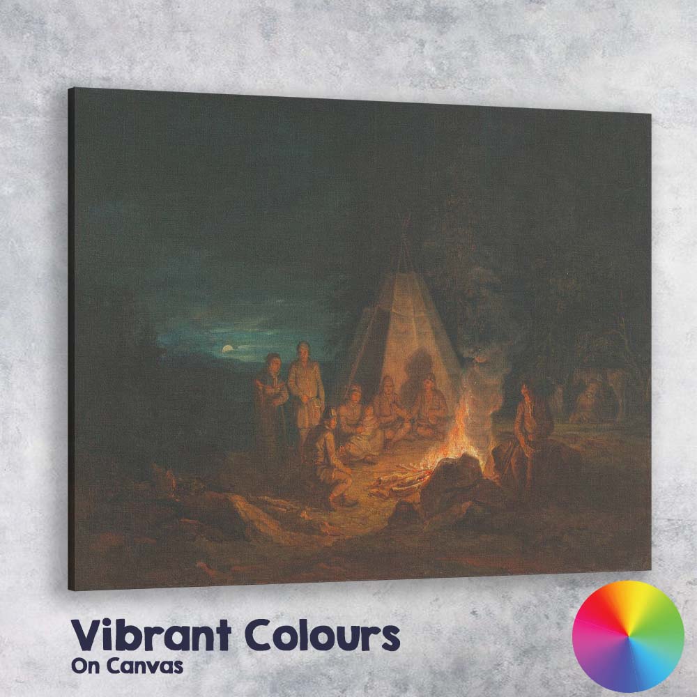 Moonlit Woodland Campfire Historical Gathering Night Scene Canvas Wall Art Print Decor Picture Ready to Hang