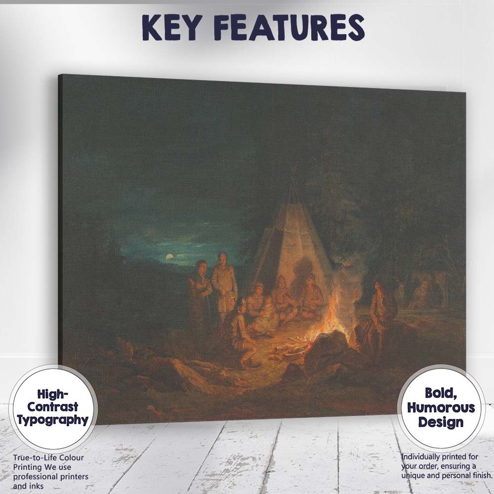 Moonlit Woodland Campfire Historical Gathering Night Scene Canvas Wall Art Print Decor Picture Ready to Hang