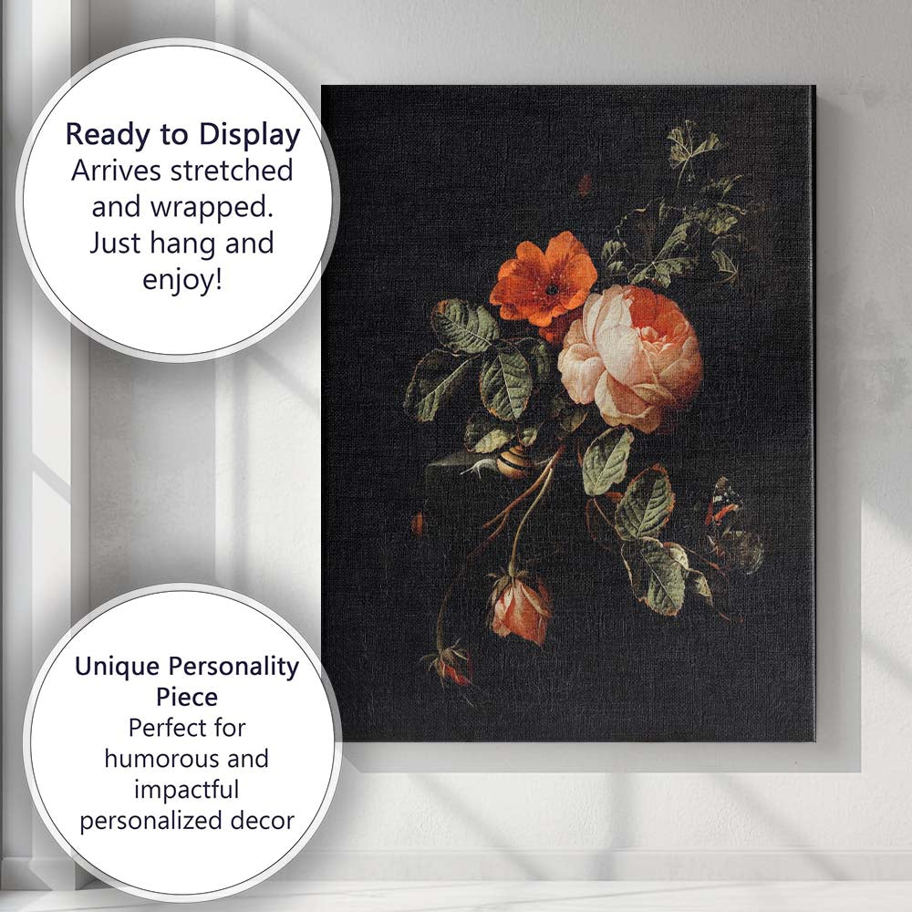 Dark Floral Still Life Rose Blossom Butterfly Painting Canvas Wall Art Print Decor Picture Ready to Hang