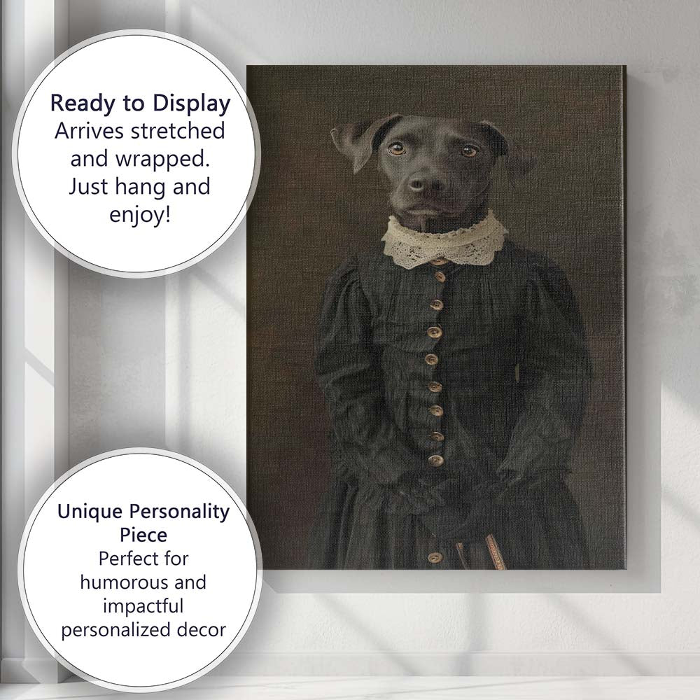 Victorian Black Dog Portrait in Historic Dress Canvas Wall Art Print Decor Picture Ready to Hang