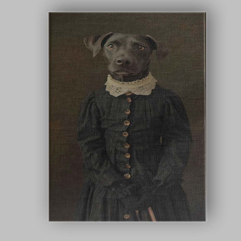 Victorian Black Dog Portrait in Historic Dress Canvas Wall Art Print Decor Picture Ready to Hang