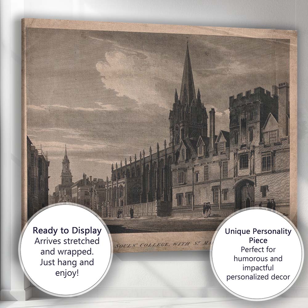 Historic Oxford Gothic College and Church Engraving Canvas Wall Art Print Decor Picture Ready to Hang