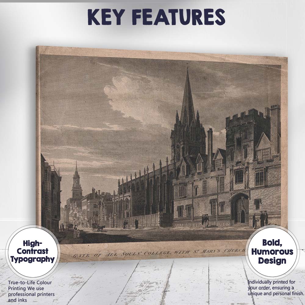 Historic Oxford Gothic College and Church Engraving Canvas Wall Art Print Decor Picture Ready to Hang
