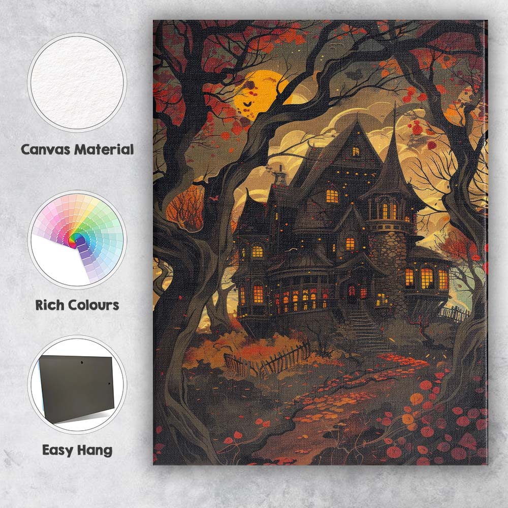 Whimsical Gothic Haunted House Autumn Forest Illustration Canvas Wall Art Print Decor Picture Ready to Hang