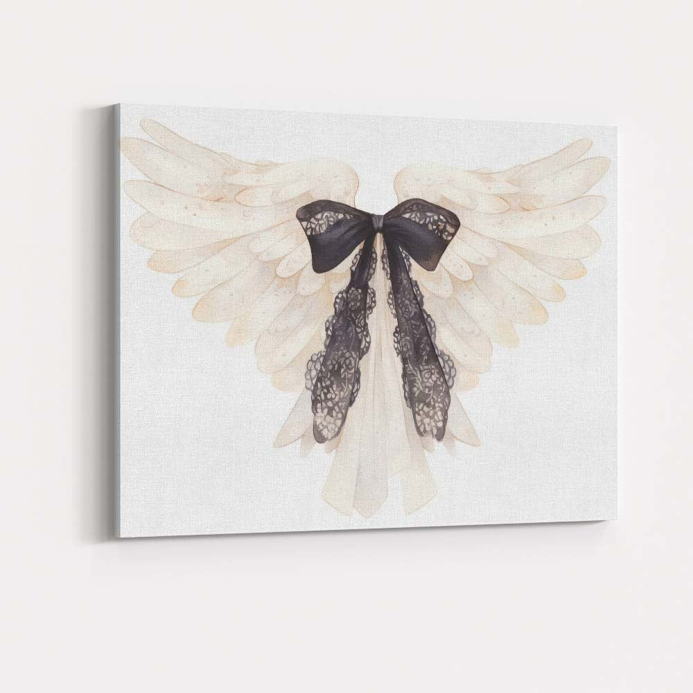 White Angel Wings with Black Lace Bow Ethereal Gothic Canvas Wall Art Print Decor Picture Ready to Hang