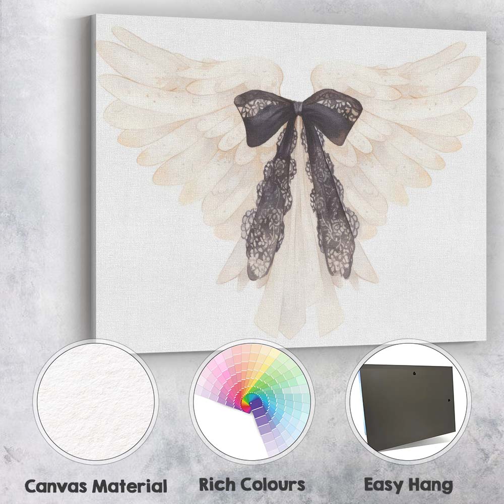 White Angel Wings with Black Lace Bow Ethereal Gothic Canvas Wall Art Print Decor Picture Ready to Hang