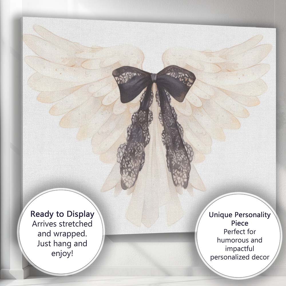 White Angel Wings with Black Lace Bow Ethereal Gothic Canvas Wall Art Print Decor Picture Ready to Hang