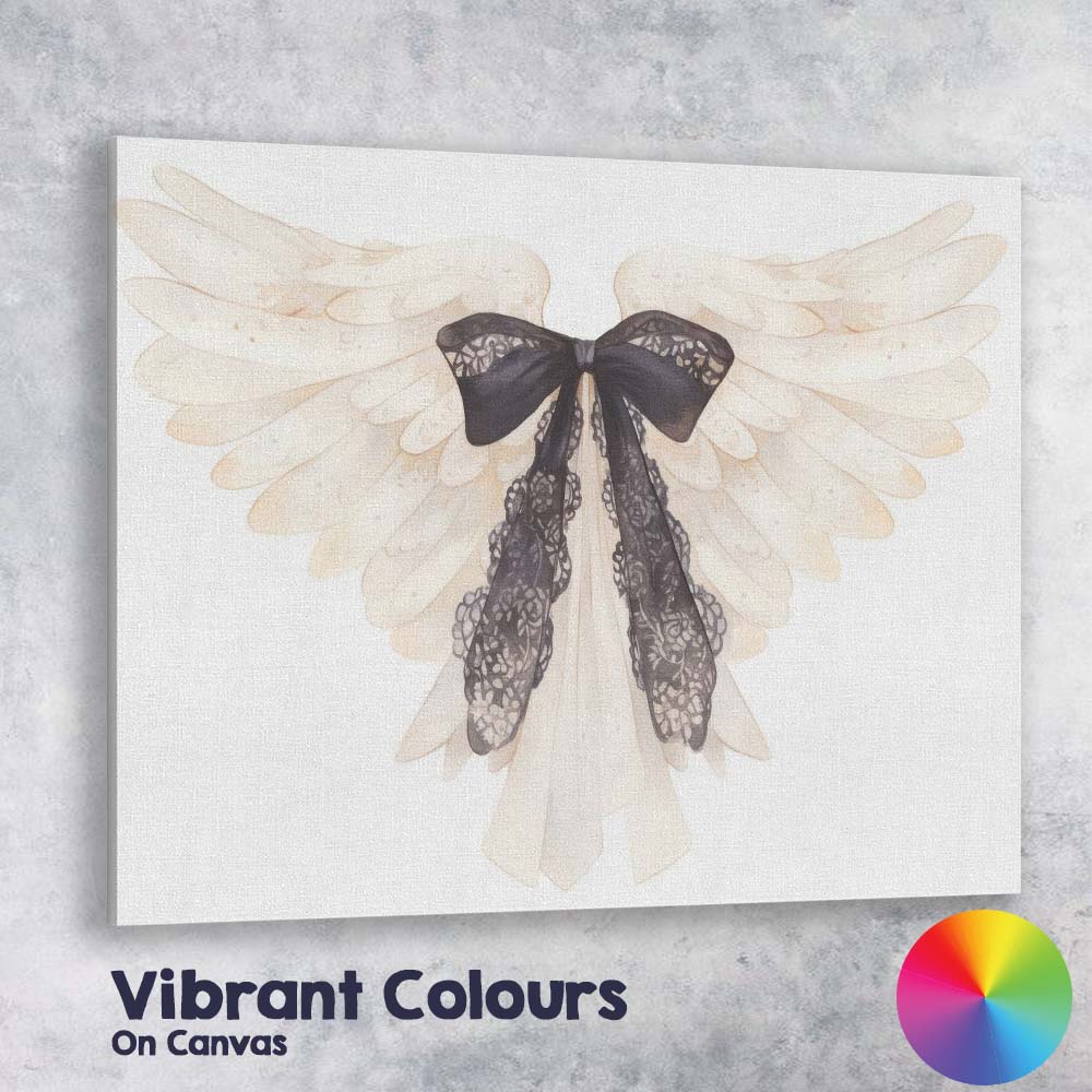 White Angel Wings with Black Lace Bow Ethereal Gothic Canvas Wall Art Print Decor Picture Ready to Hang