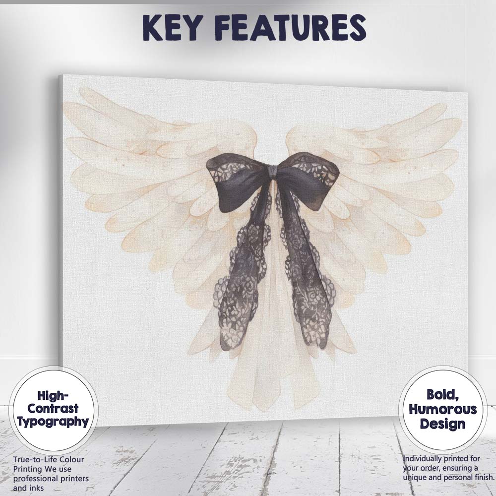 White Angel Wings with Black Lace Bow Ethereal Gothic Canvas Wall Art Print Decor Picture Ready to Hang