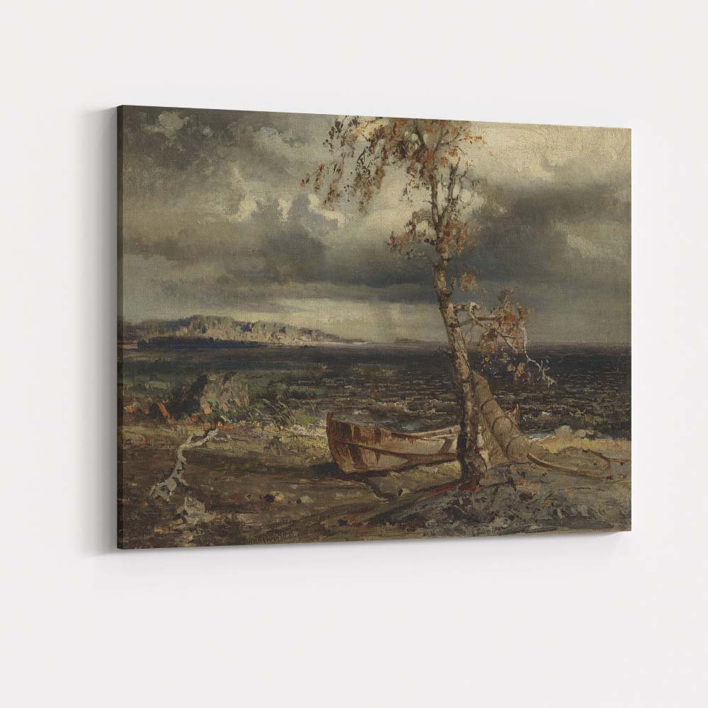 Stormy Lakeside Boat and Tree Coastal Landscape Canvas Wall Art Print Decor Picture Ready to Hang