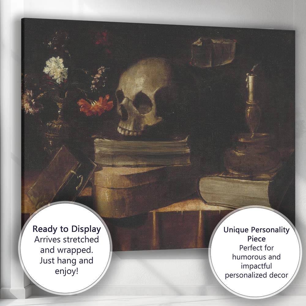Vanitas Skull Books and Flowers Dark Antique Still Life Canvas Wall Art Print Decor Picture Ready to Hang
