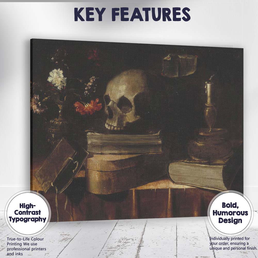 Vanitas Skull Books and Flowers Dark Antique Still Life Canvas Wall Art Print Decor Picture Ready to Hang