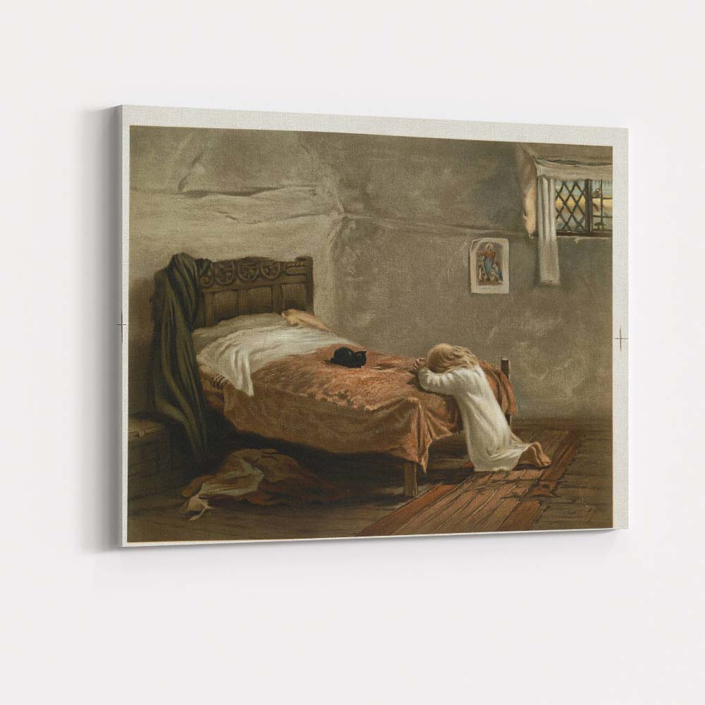 Young Child Praying Beside Bed with Black Cat Canvas Wall Art Print Decor Picture Ready to Hang