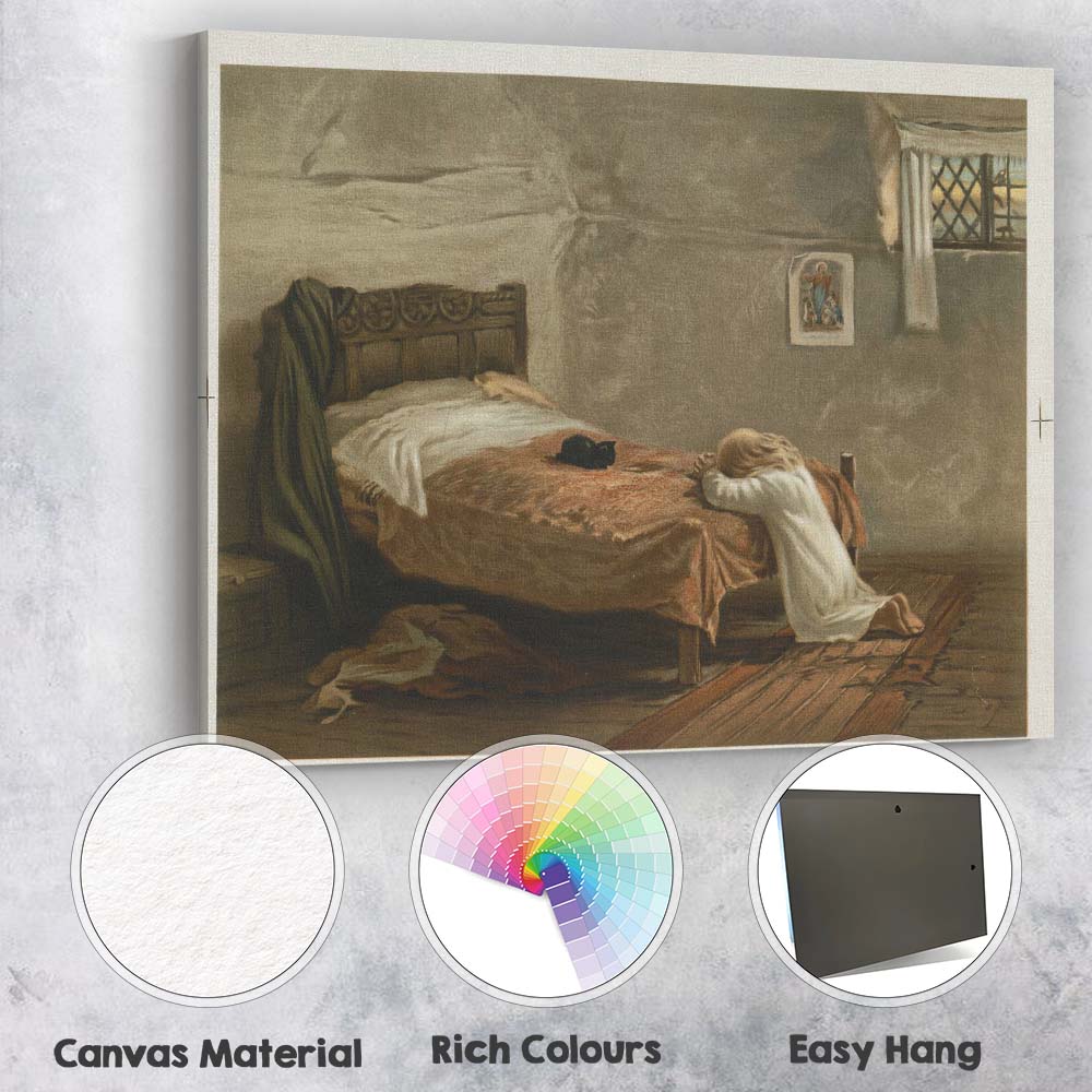 Young Child Praying Beside Bed with Black Cat Canvas Wall Art Print Decor Picture Ready to Hang