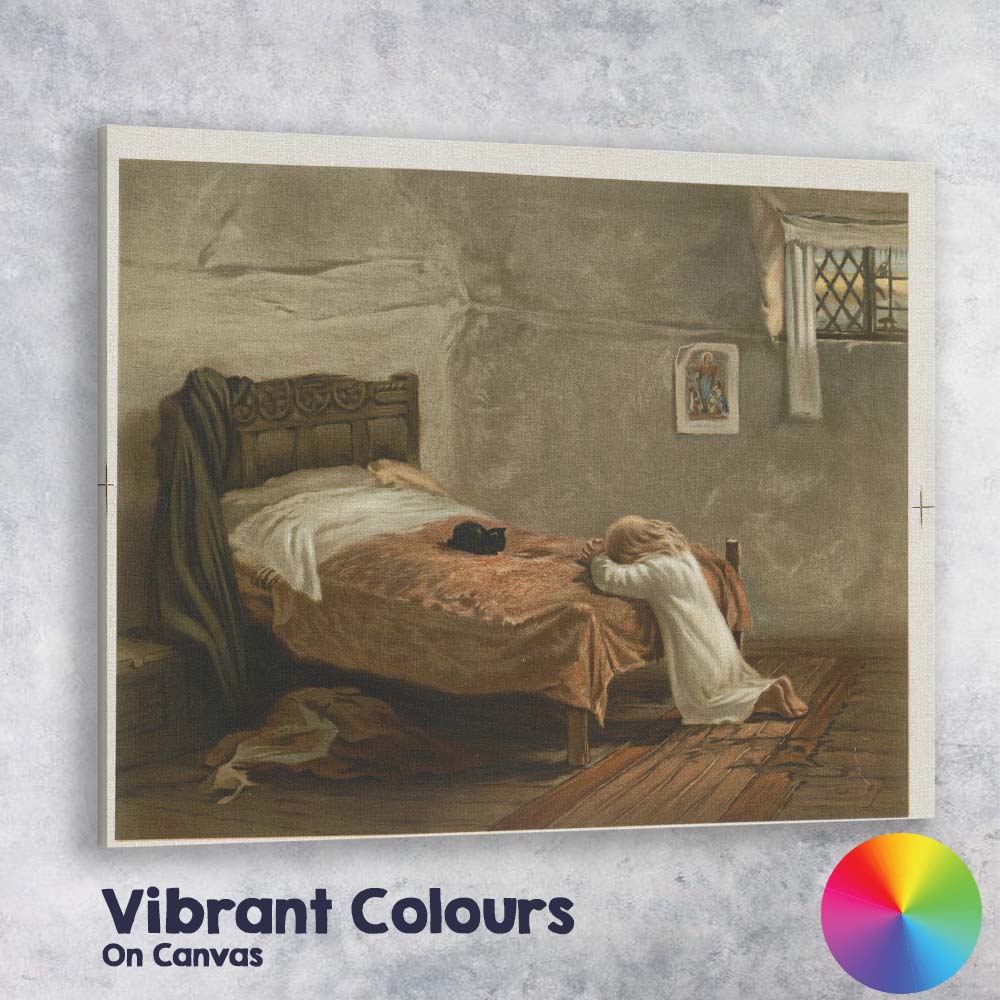 Young Child Praying Beside Bed with Black Cat Canvas Wall Art Print Decor Picture Ready to Hang