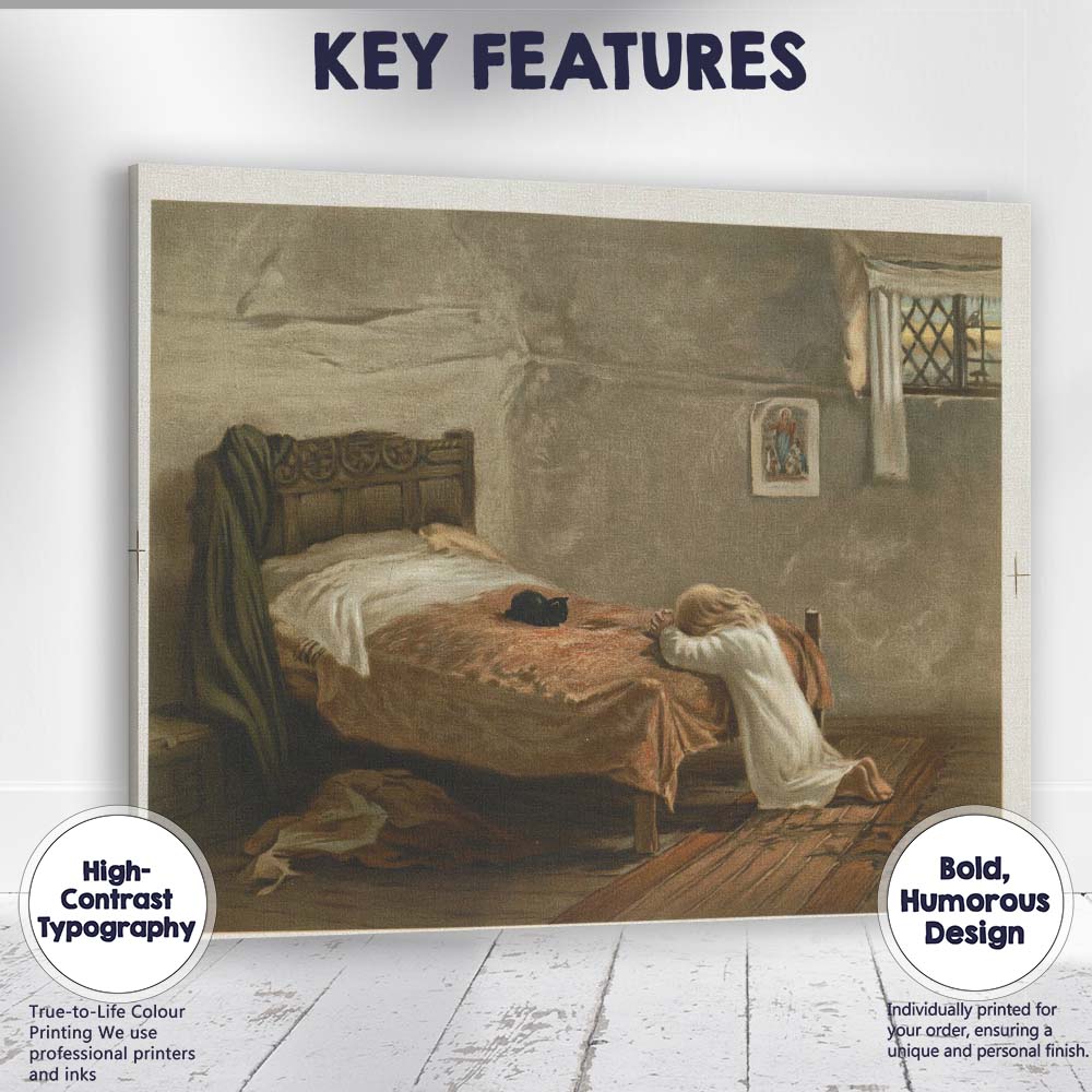 Young Child Praying Beside Bed with Black Cat Canvas Wall Art Print Decor Picture Ready to Hang