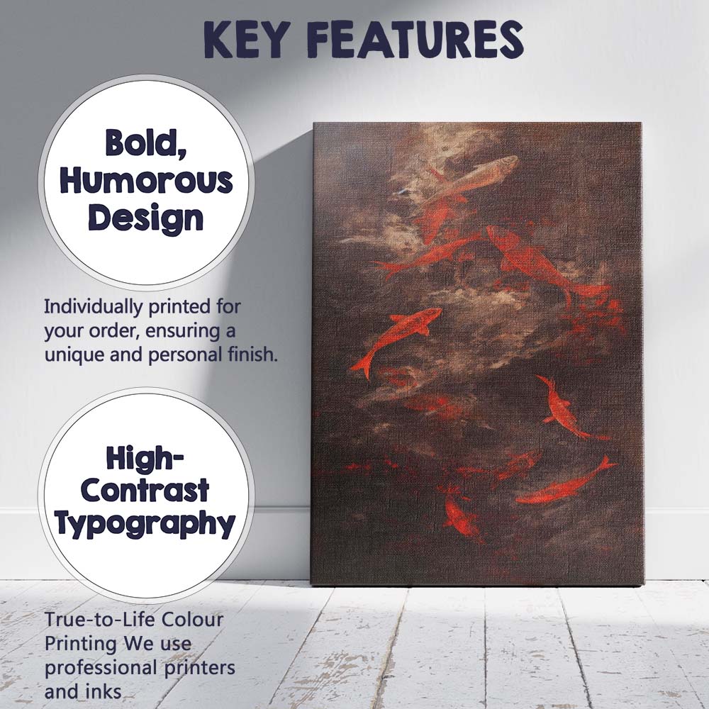 Abstract Red Koi Fish Swimming Dark Textured Artistic Painting Canvas Wall Art Print Decor Picture Ready to Hang