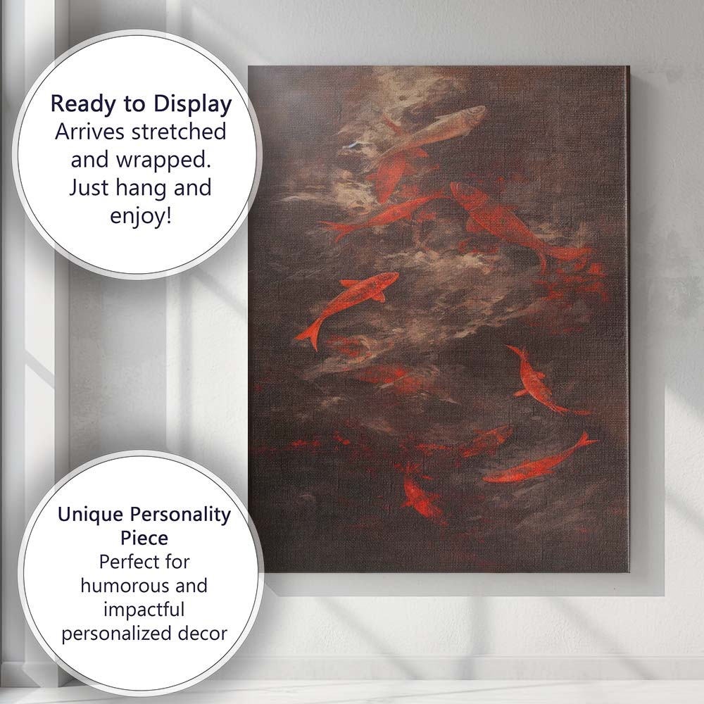 Abstract Red Koi Fish Swimming Dark Textured Artistic Painting Canvas Wall Art Print Decor Picture Ready to Hang