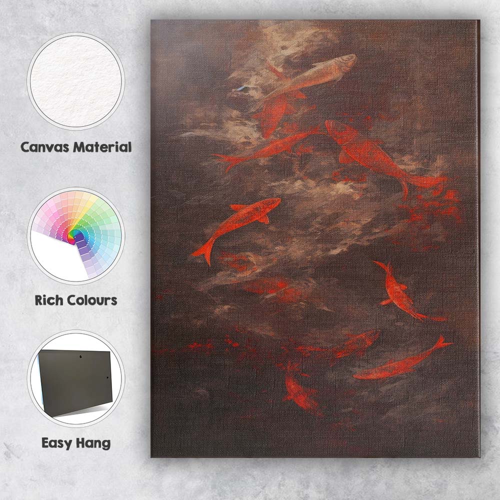 Abstract Red Koi Fish Swimming Dark Textured Artistic Painting Canvas Wall Art Print Decor Picture Ready to Hang