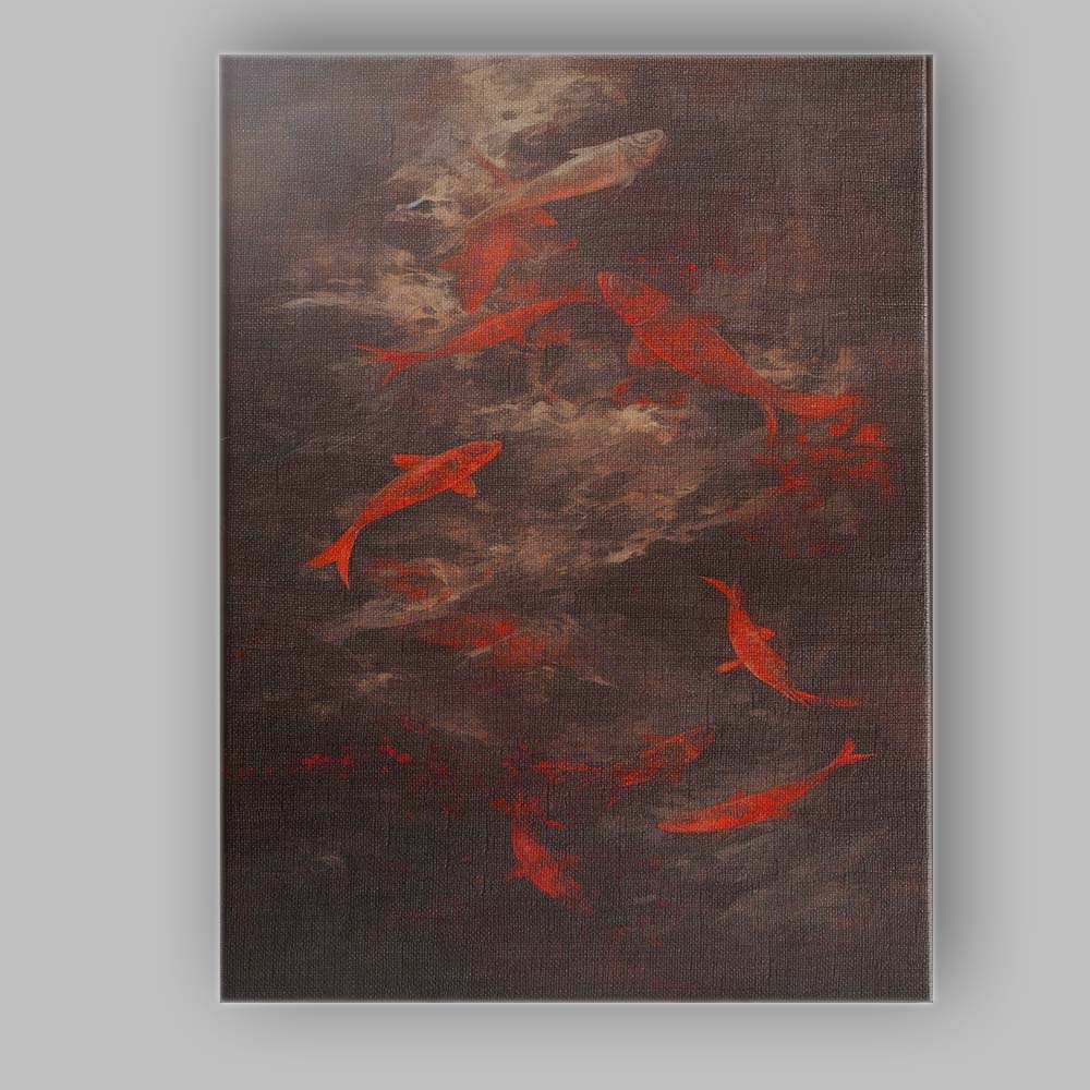 Abstract Red Koi Fish Swimming Dark Textured Artistic Painting Canvas Wall Art Print Decor Picture Ready to Hang