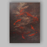 Abstract Red Koi Fish Swimming Dark Textured Artistic Painting Canvas Wall Art Print Decor Picture Ready to Hang