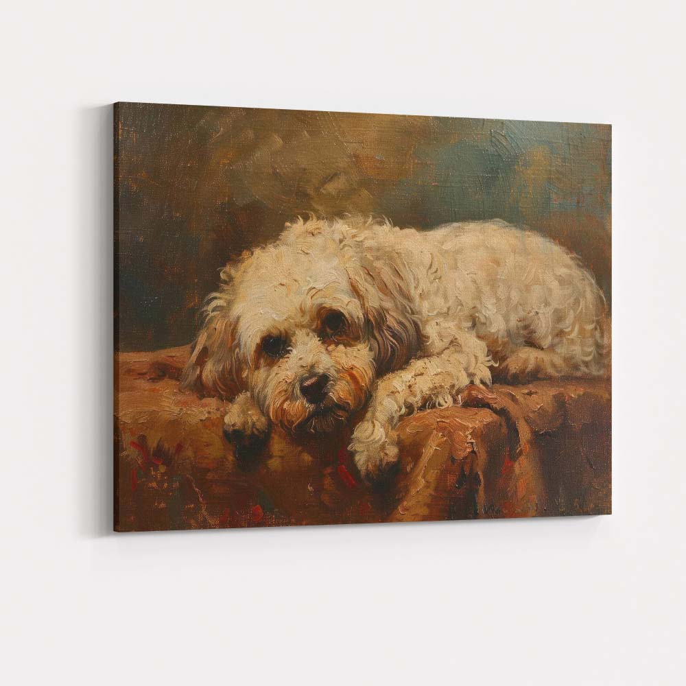 Sleeping White Fluffy Dog Warm Rustic Oil Painting Canvas Wall Art Print Decor Picture Ready to Hang
