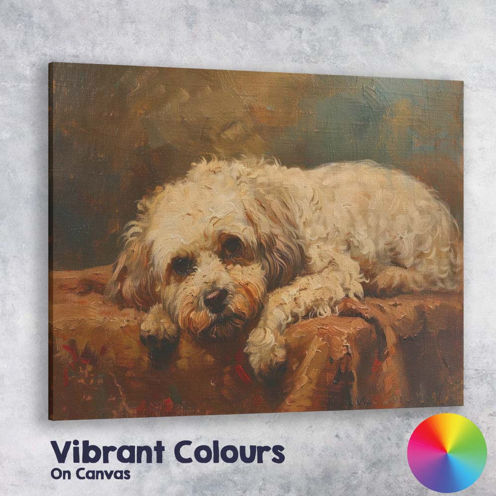 Sleeping White Fluffy Dog Warm Rustic Oil Painting Canvas Wall Art Print Decor Picture Ready to Hang
