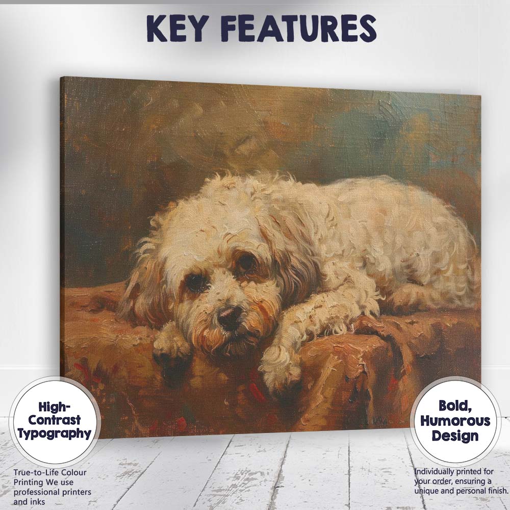 Sleeping White Fluffy Dog Warm Rustic Oil Painting Canvas Wall Art Print Decor Picture Ready to Hang