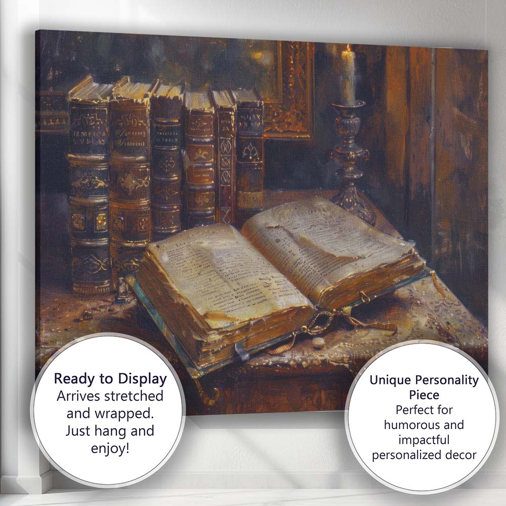 Antique Books and Candle Literary Still Life Oil Painting Canvas Wall Art Print Decor Picture Ready to Hang