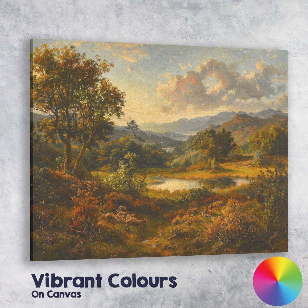 Golden Countryside Lake and Mountain Scenic Landscape Painting Canvas Wall Art Print Decor Picture Ready to Hang