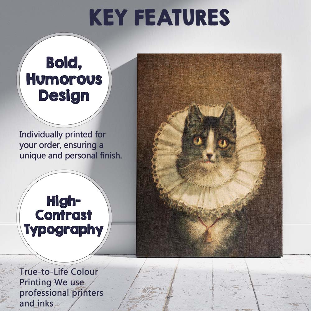 Victorian Black and White Cat Portrait with Lace Ruff Canvas Wall Art Print Decor Picture Ready to Hang