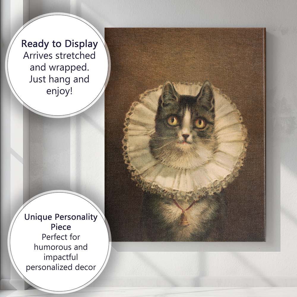 Victorian Black and White Cat Portrait with Lace Ruff Canvas Wall Art Print Decor Picture Ready to Hang