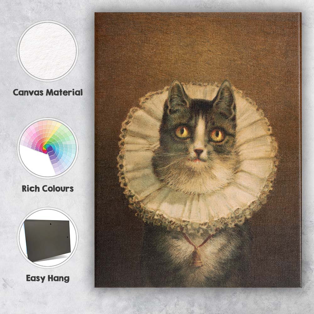 Victorian Black and White Cat Portrait with Lace Ruff Canvas Wall Art Print Decor Picture Ready to Hang