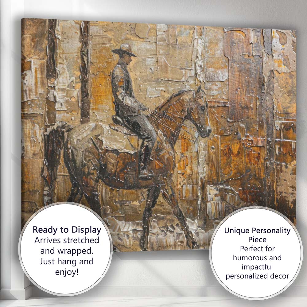 Rustic Horse Rider Textured Mixed Media Western Street Scene Canvas Wall Art Print Decor Picture Ready to Hang