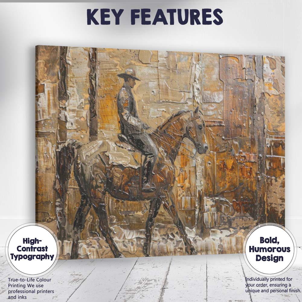 Rustic Horse Rider Textured Mixed Media Western Street Scene Canvas Wall Art Print Decor Picture Ready to Hang