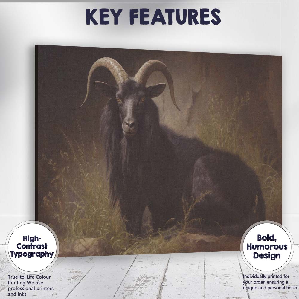 Black Goat Portrait Mystical Rustic Animal Artwork Canvas Wall Art Print Decor Picture Ready to Hang
