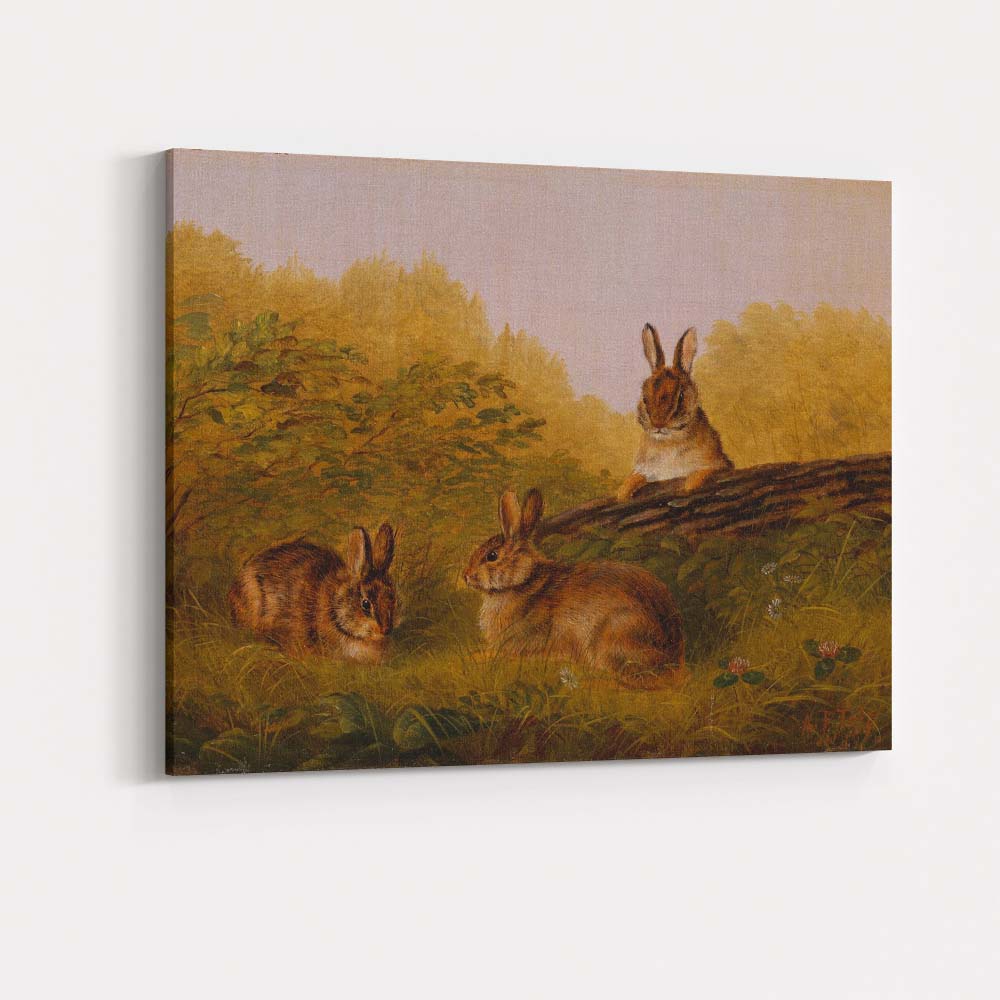 Autumn Rabbit Trio in Meadow Countryside Wildlife Painting Canvas Wall Art Print Decor Picture Ready to Hang