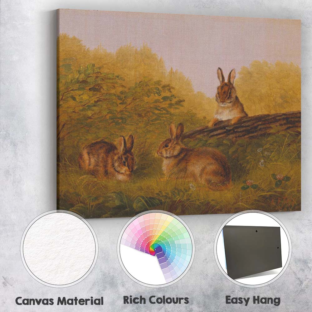 Autumn Rabbit Trio in Meadow Countryside Wildlife Painting Canvas Wall Art Print Decor Picture Ready to Hang